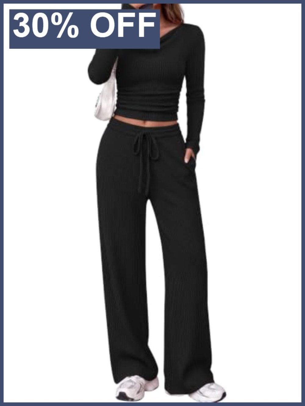 Ribbed Two Piece Lounge Set Long Sleeve Cowl Neck Top Wide Leg Pants